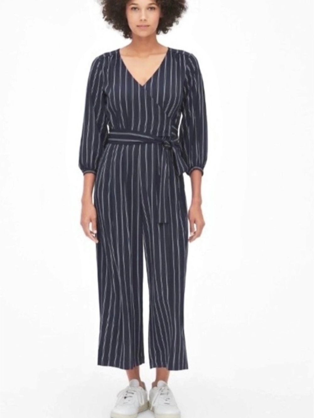 GAP Long Sleeve Wrap Striped Jumpsuit Navy & White